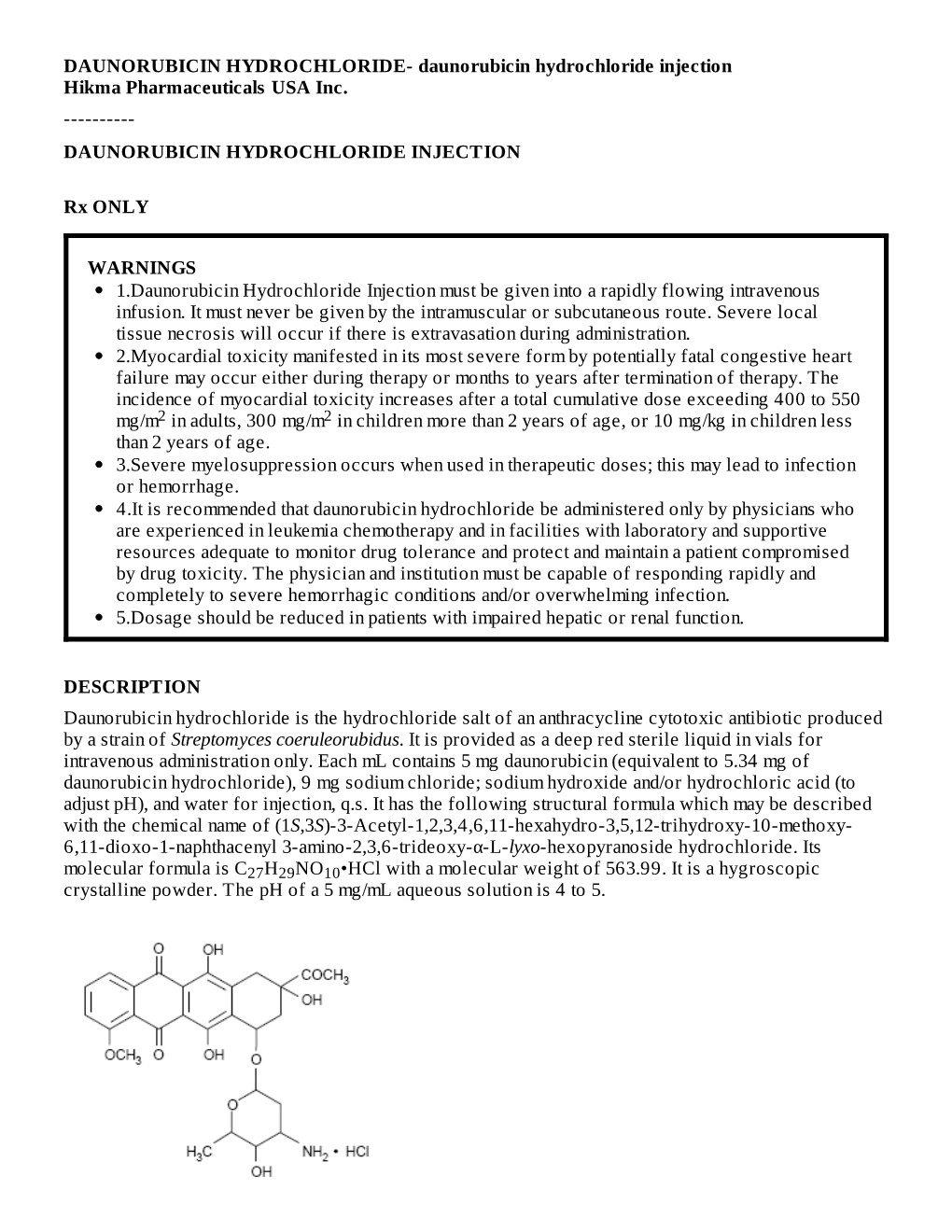 Daunorubicin Hydrochloride Injection Hikma Pharmaceuticals USA Inc