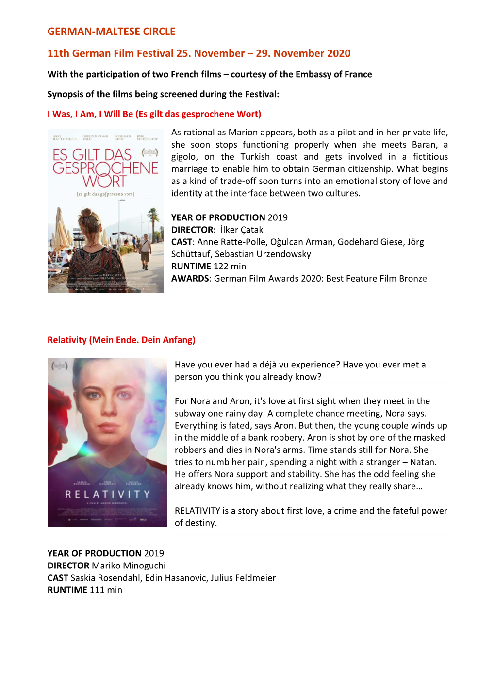 GERMAN-MALTESE CIRCLE 11Th German Film Festival 25. November – 29. November 2020