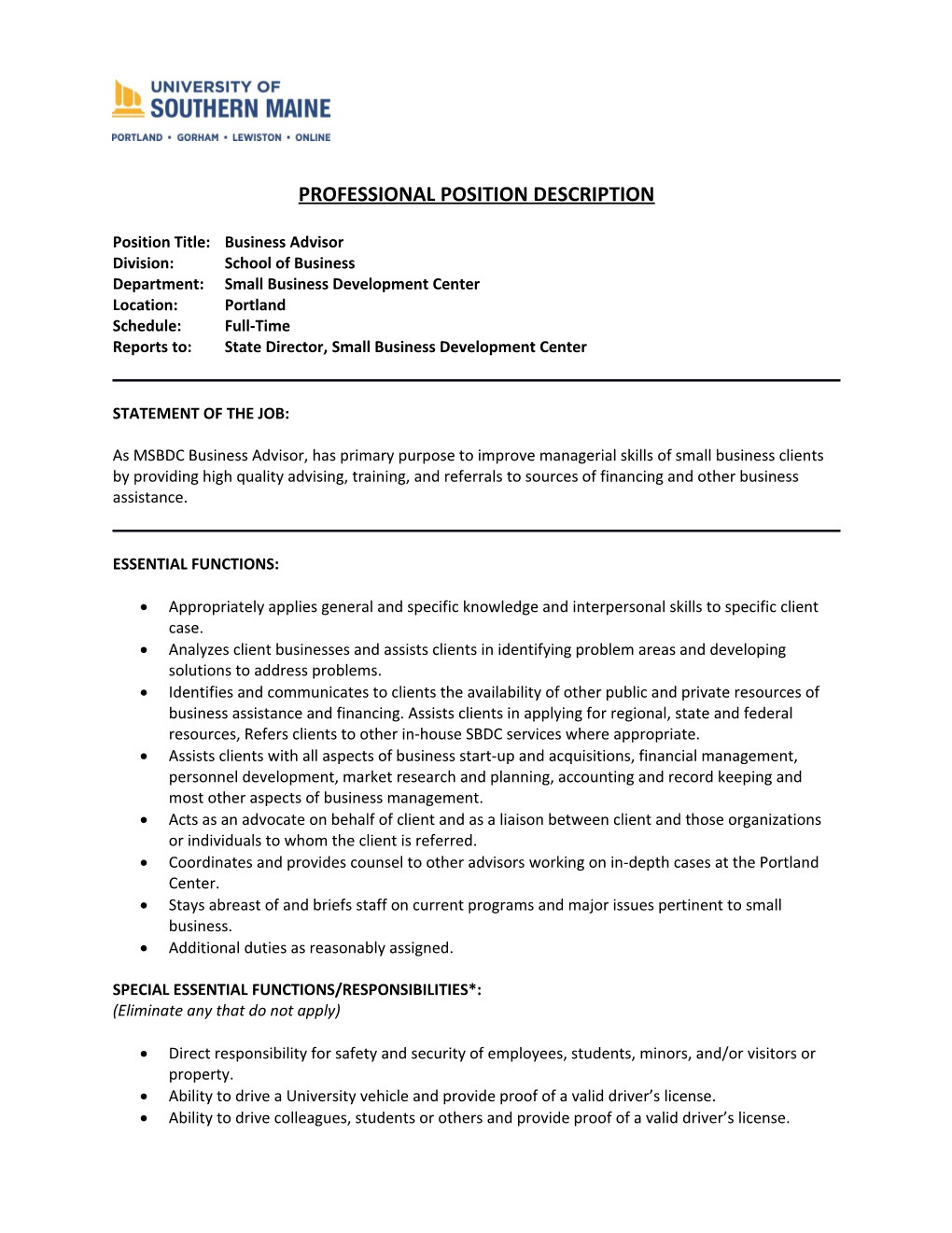 Position Title: Business Advisor