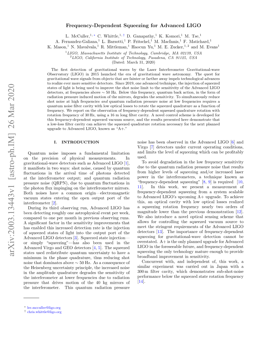 Arxiv:2003.13443V1 [Astro-Ph.IM] 26 Mar 2020 Minimum in the Phase Quadrature, Thus Reducing Shot Broadband Improvement in Sensitivity