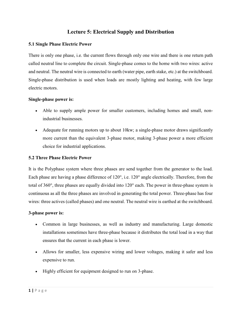 Lecture 5: Electrical Supply and Distribution