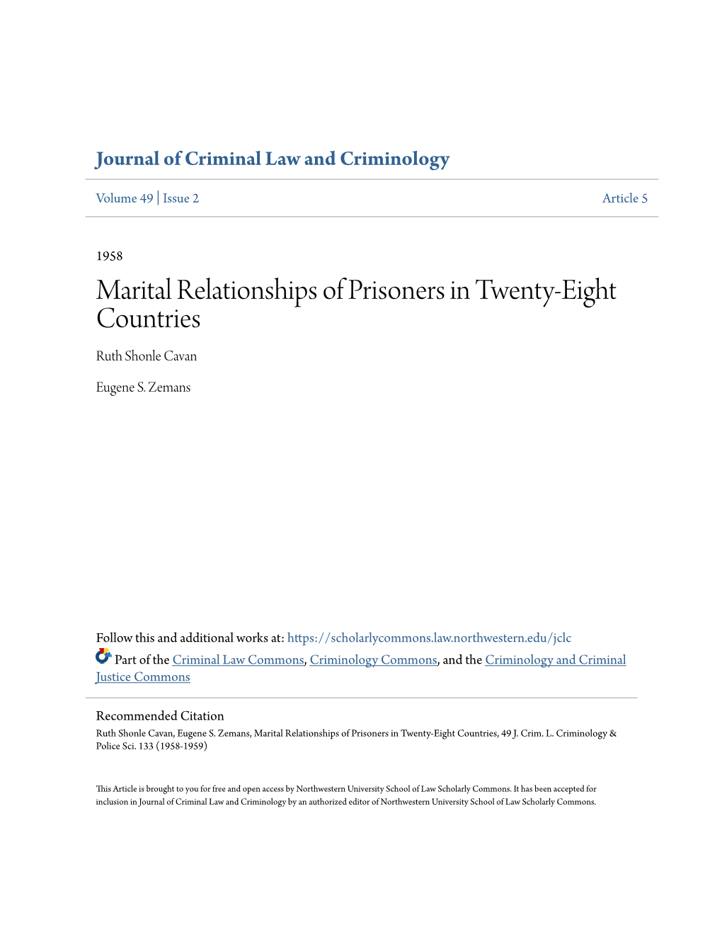 Marital Relationships of Prisoners in Twenty-Eight Countries Ruth Shonle Cavan