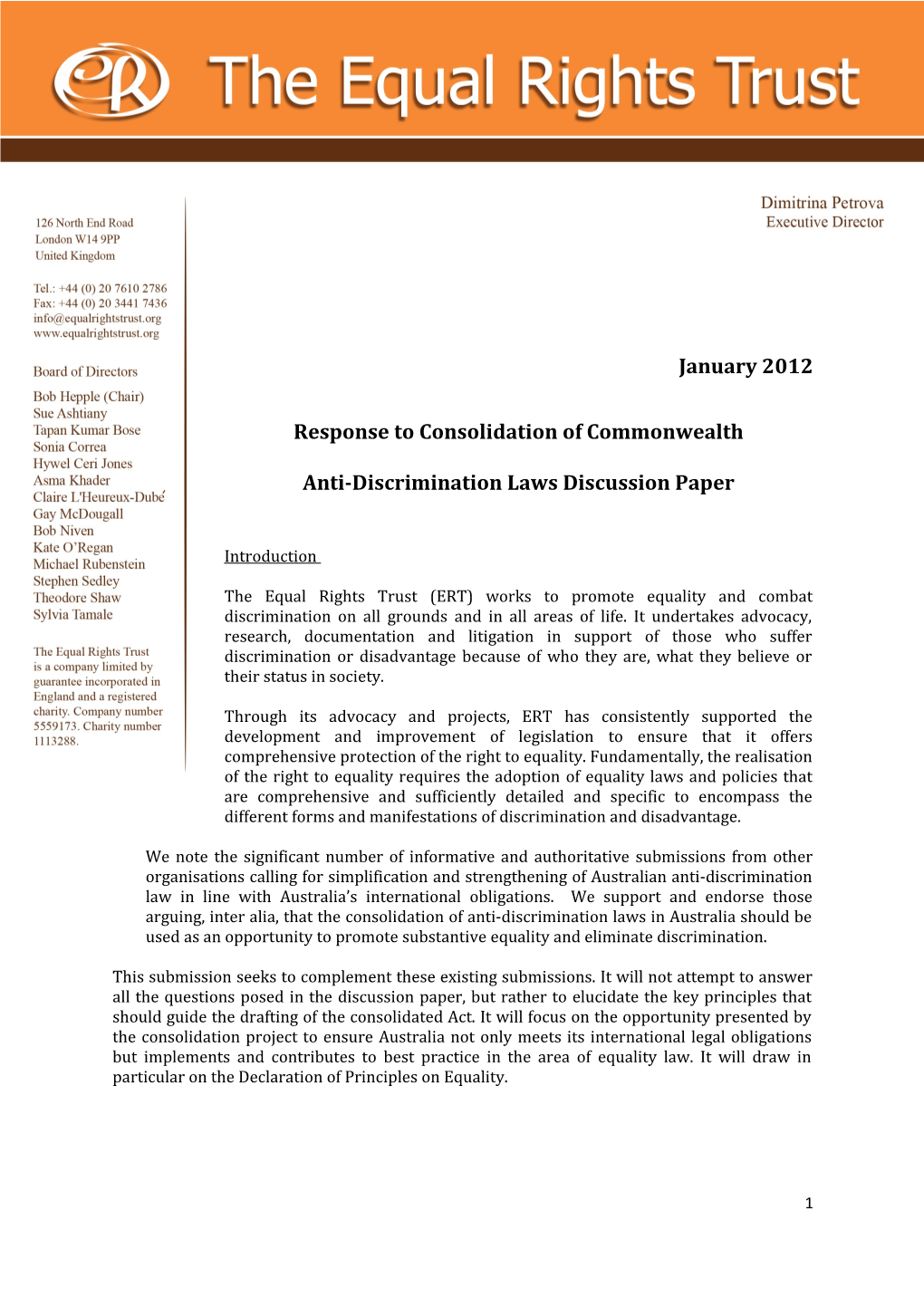 Submission on the Consolidation of Commonwealth Anti-Discrimination Laws - the Equal Rights