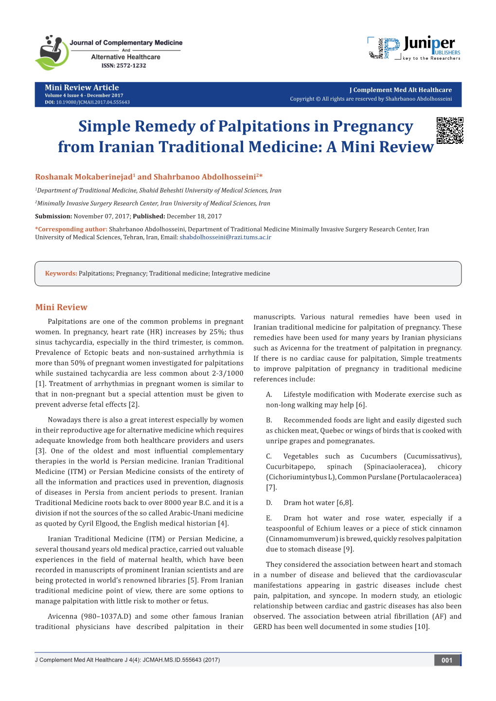 Simple Remedy of Palpitations in Pregnancy from Iranian Traditional Medicine: a Mini Review