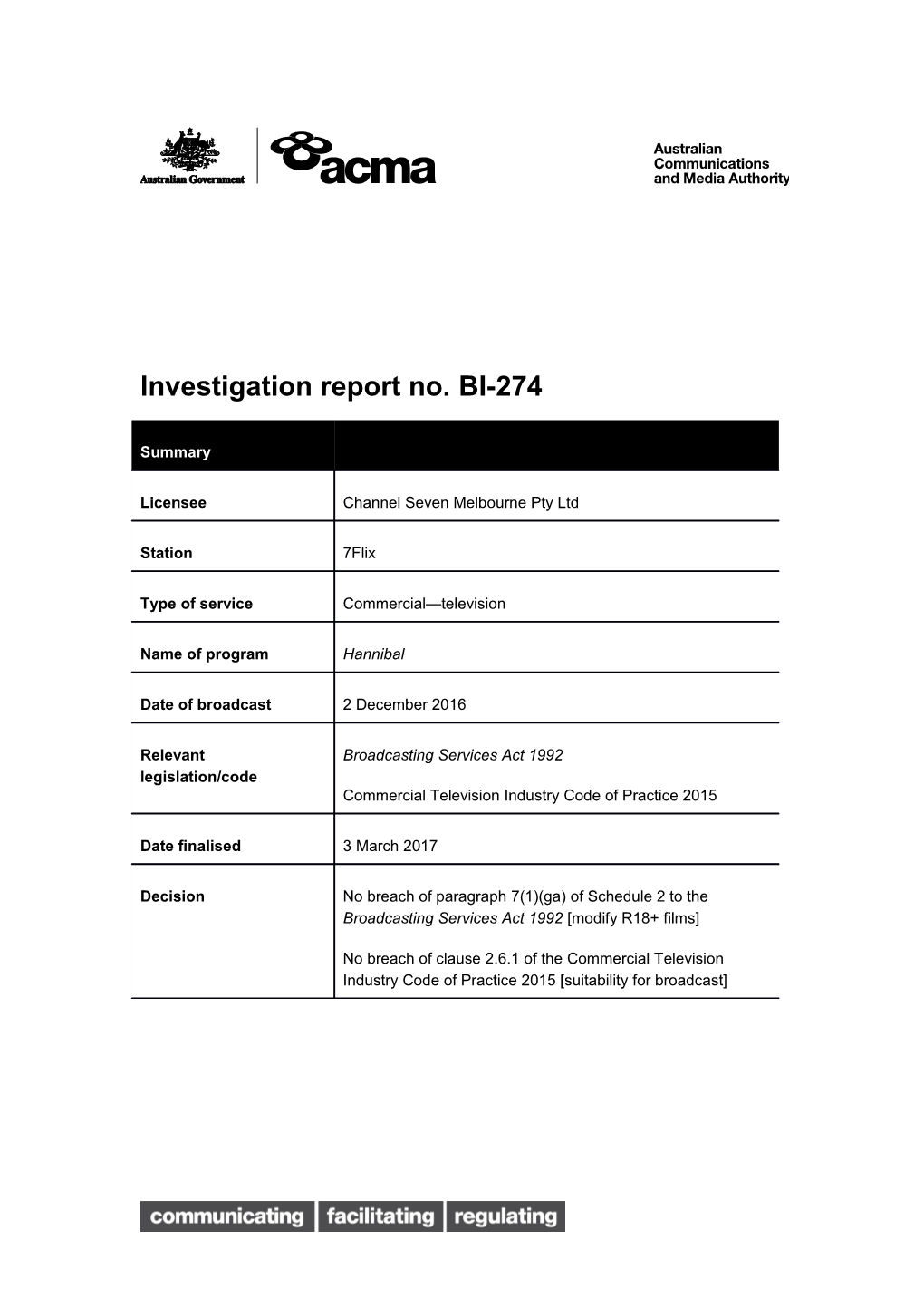 Investigation Report No. BI-274