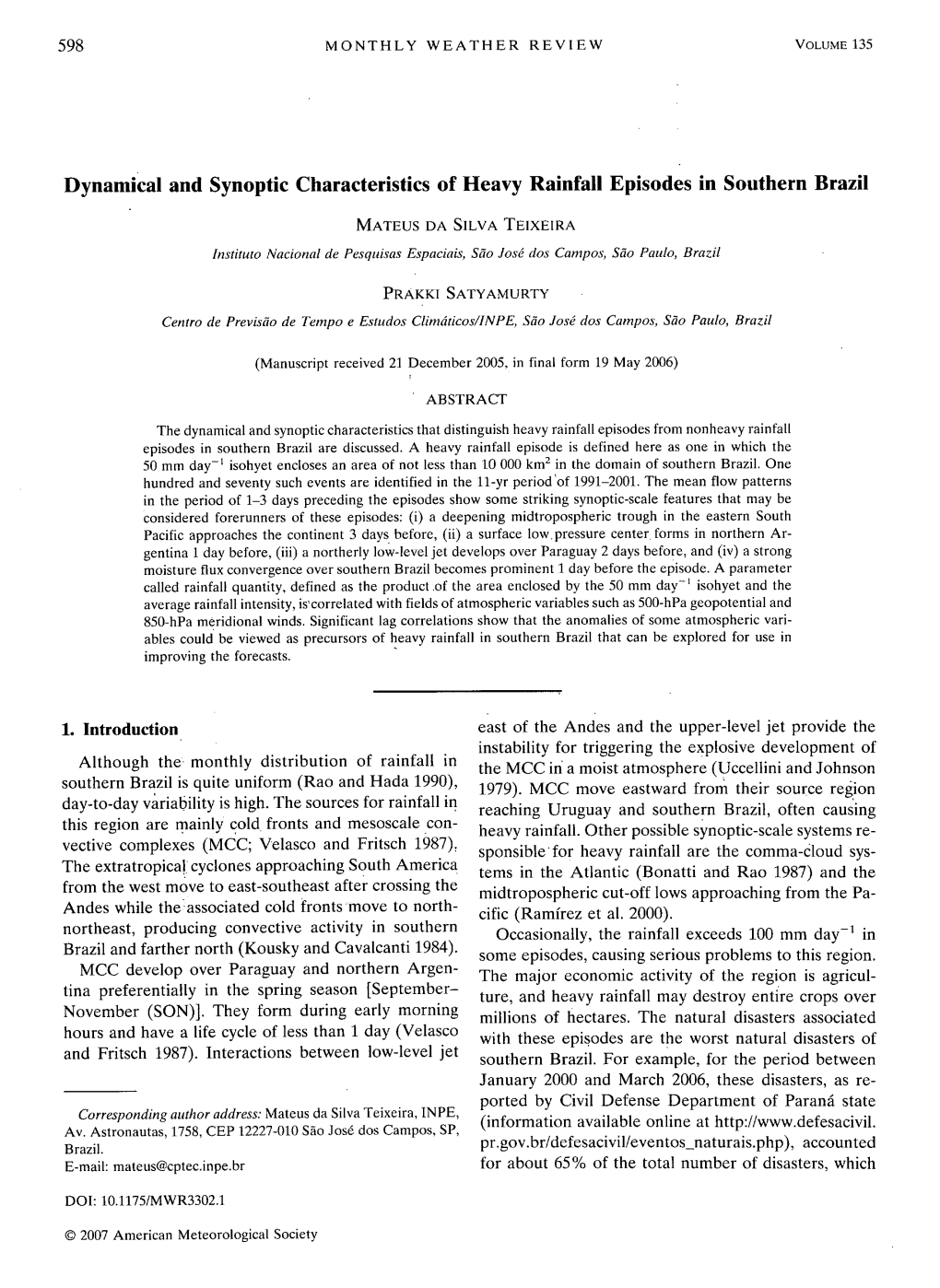 Dynamical and Synoptic Characteristics of Heavy Rainfall Episodes in Southern Brazil