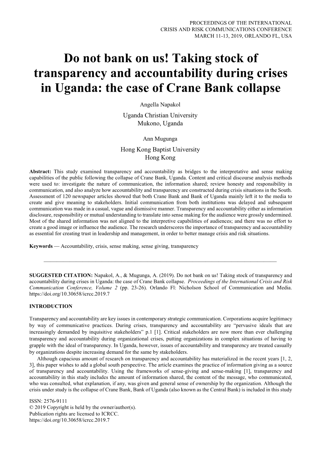 Do Not Bank on Us! Taking Stock of Transparency and Accountability During Crises in Uganda: the Case of Crane Bank Collapse