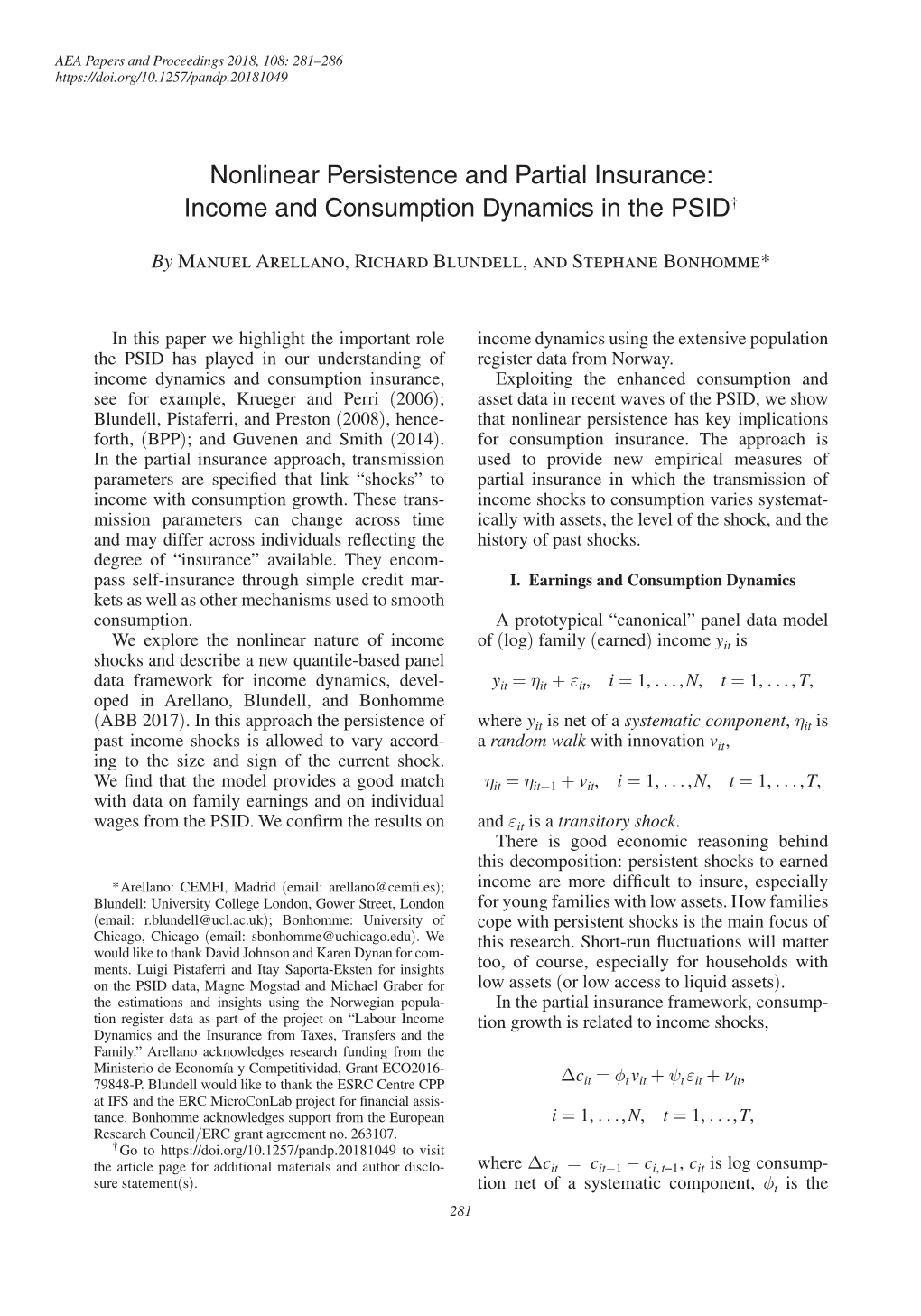 Nonlinear Persistence and Partial Insurance: Income and Consumption Dynamics in the PSID†