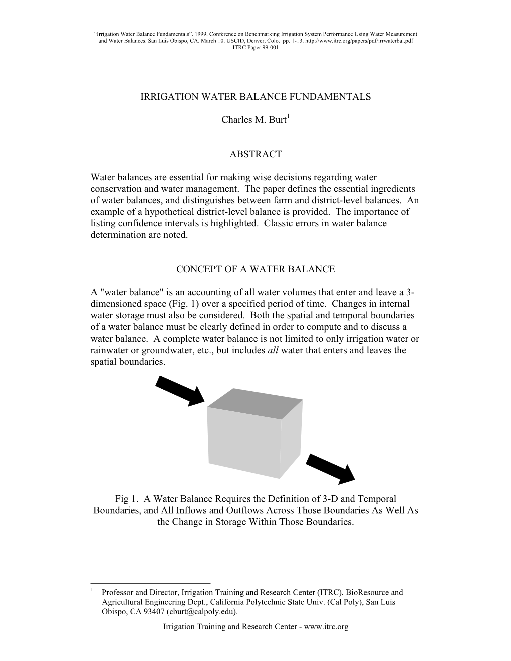 IRRIGATION WATER BALANCE FUNDAMENTALS Charles M. Burt