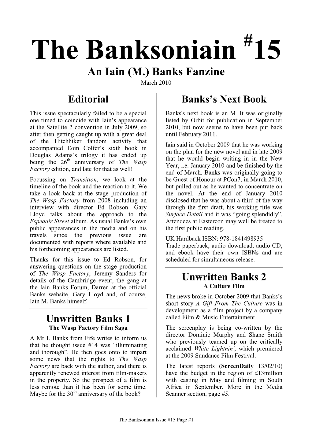 The Banksoniain #15 an Iain (M.) Banks Fanzine March 2010