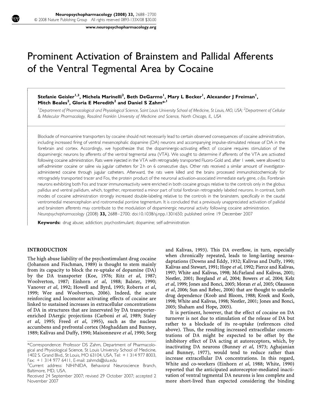 Prominent Activation of Brainstem and Pallidal Afferents of the Ventral Tegmental Area by Cocaine