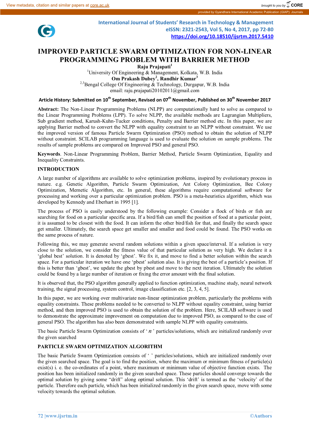 IMPROVED PARTICLE SWARM OPTIMIZATION for NON-LINEAR PROGRAMMING PROBLEM with BARRIER METHOD Raju Prajapati1 1University of Engineering & Management, Kolkata, W.B