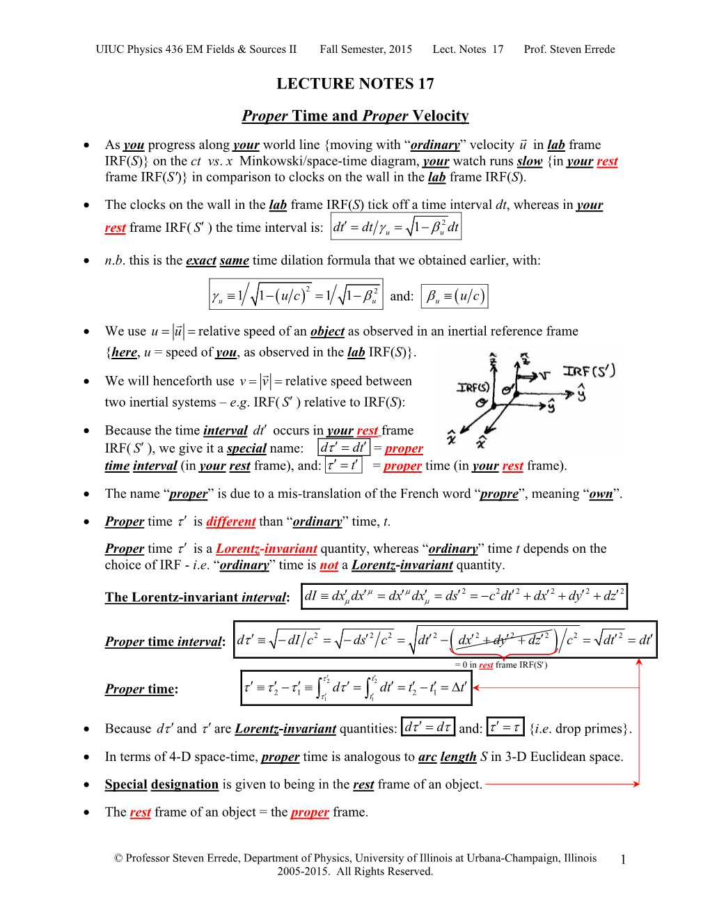 Lecture Notes 17: Proper Time, Proper Velocity, the Energy-Momentum 4-Vector, Relativistic Kinematics, Elastic/Inelastic