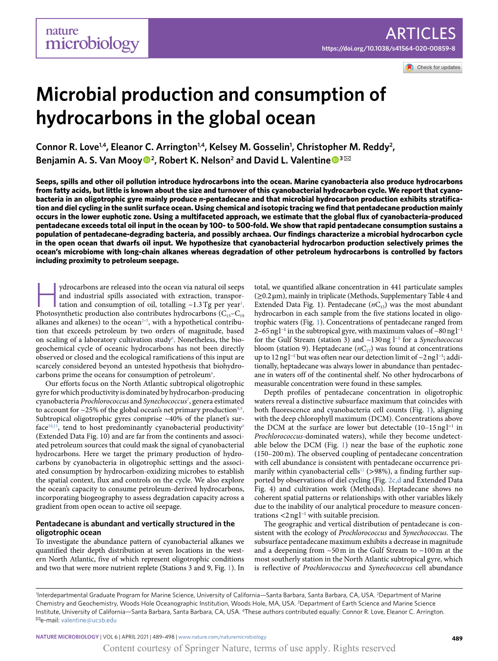 Microbial Production and Consumption of Hydrocarbons in the Global Ocean