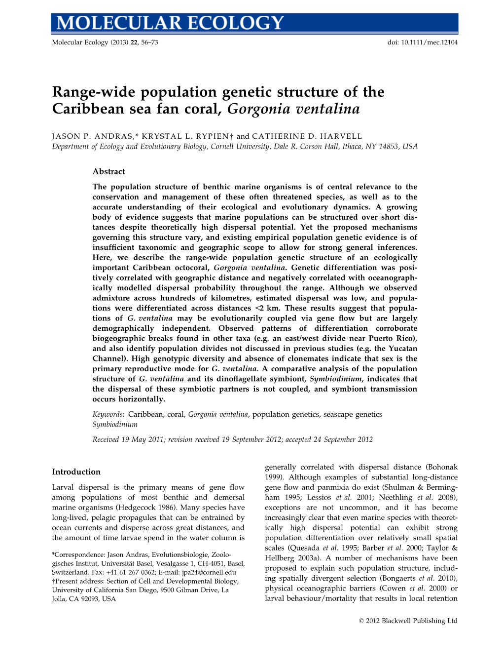 Rangewide Population Genetic Structure of the Caribbean Sea Fan