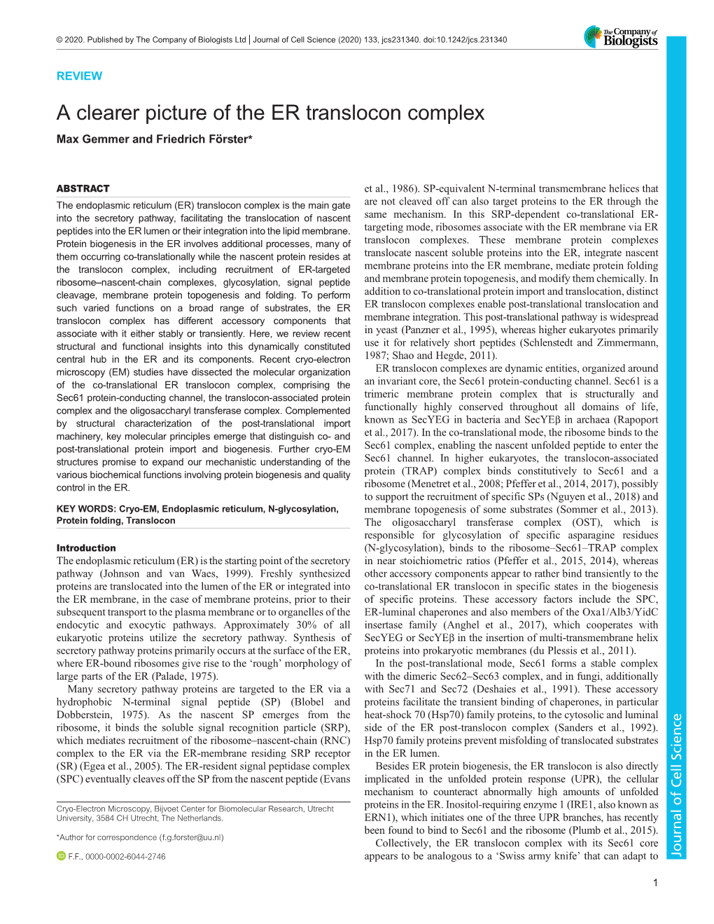 A Clearer Picture of the ER Translocon Complex Max Gemmer and Friedrich Förster*