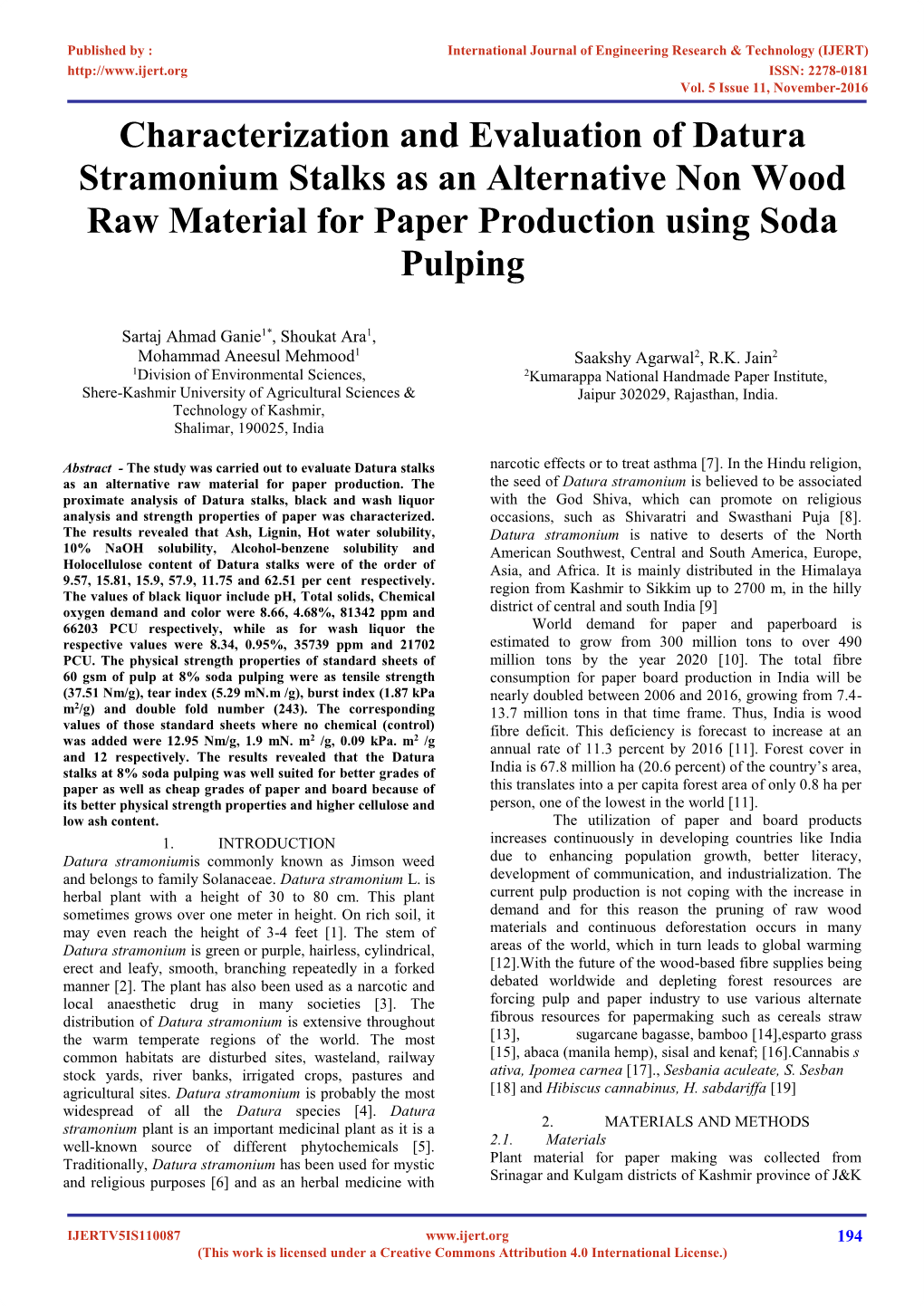 Characterization and Evaluation of Datura Stramonium Stalks As an Alternative Non Wood Raw Material for Paper Production Using Soda Pulping