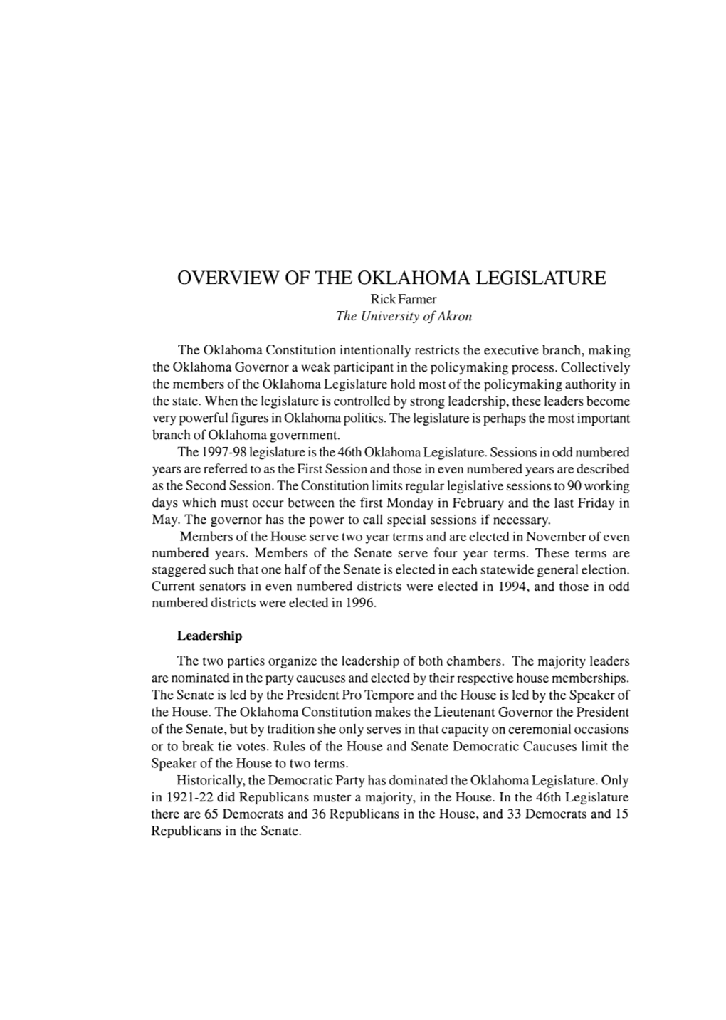 OVERVIEW of the OKLAHOMA LEGISLATURE Rick Fanner the University of Akron