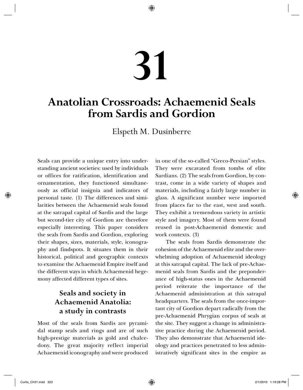 Anatolian Crossroads: Achaemenid Seals from Sardis and Gordion Elspeth M