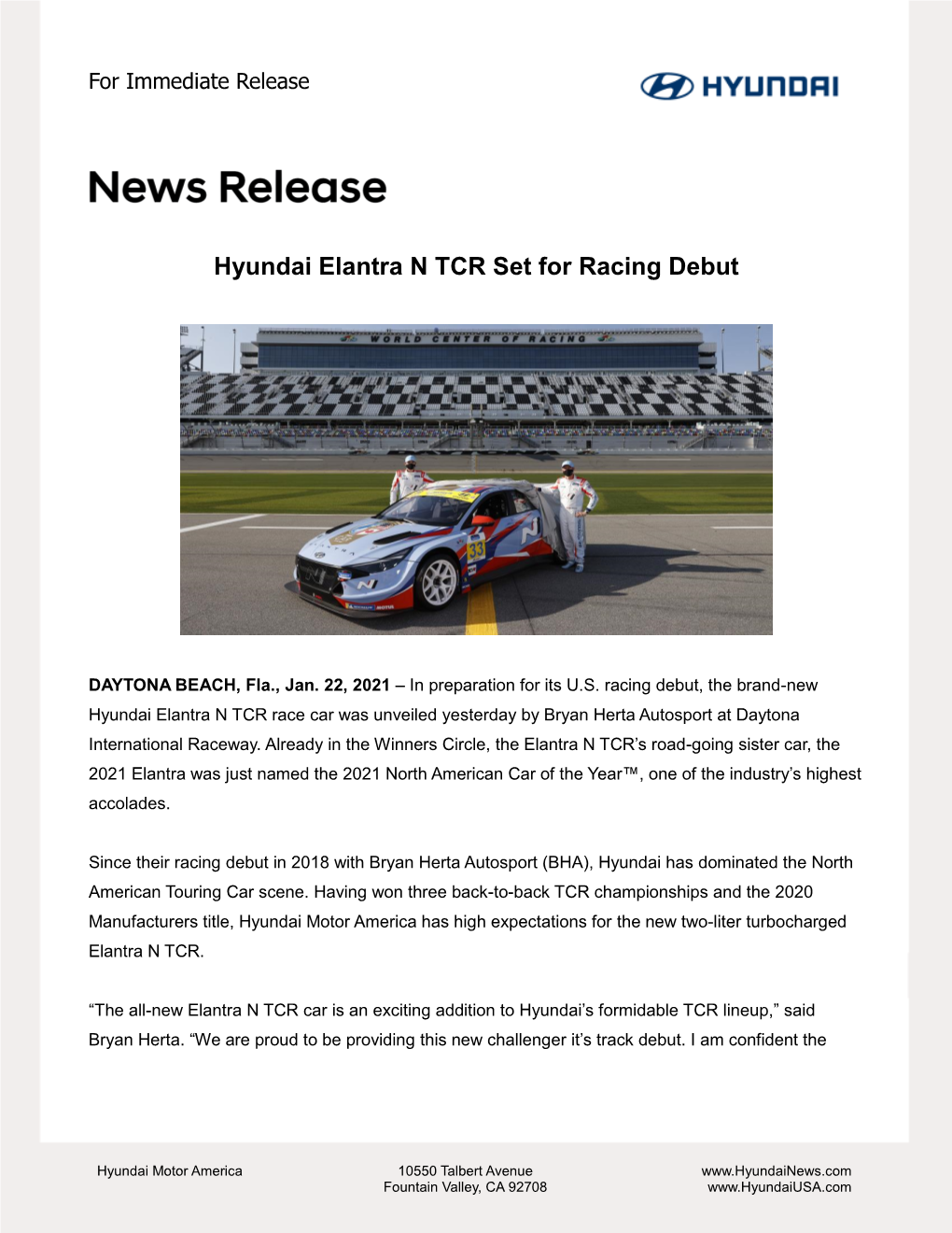 Hyundai Elantra N TCR Set for Racing Debut