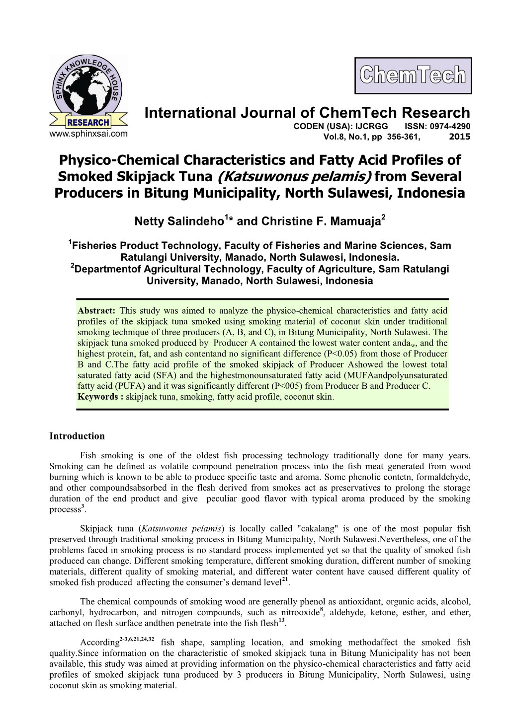 Physico-Chemical Characteristics and Fatty Acid Profiles of Smoked