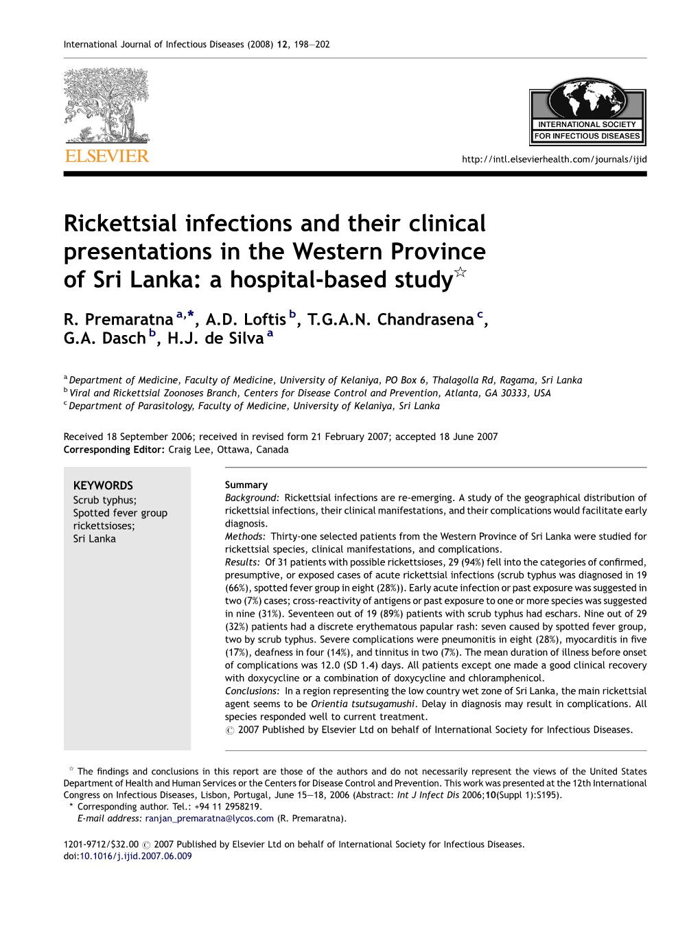 Rickettsial Infections and Their Clinical Presentations in the Western Province of Sri Lanka: a Hospital-Based Study§