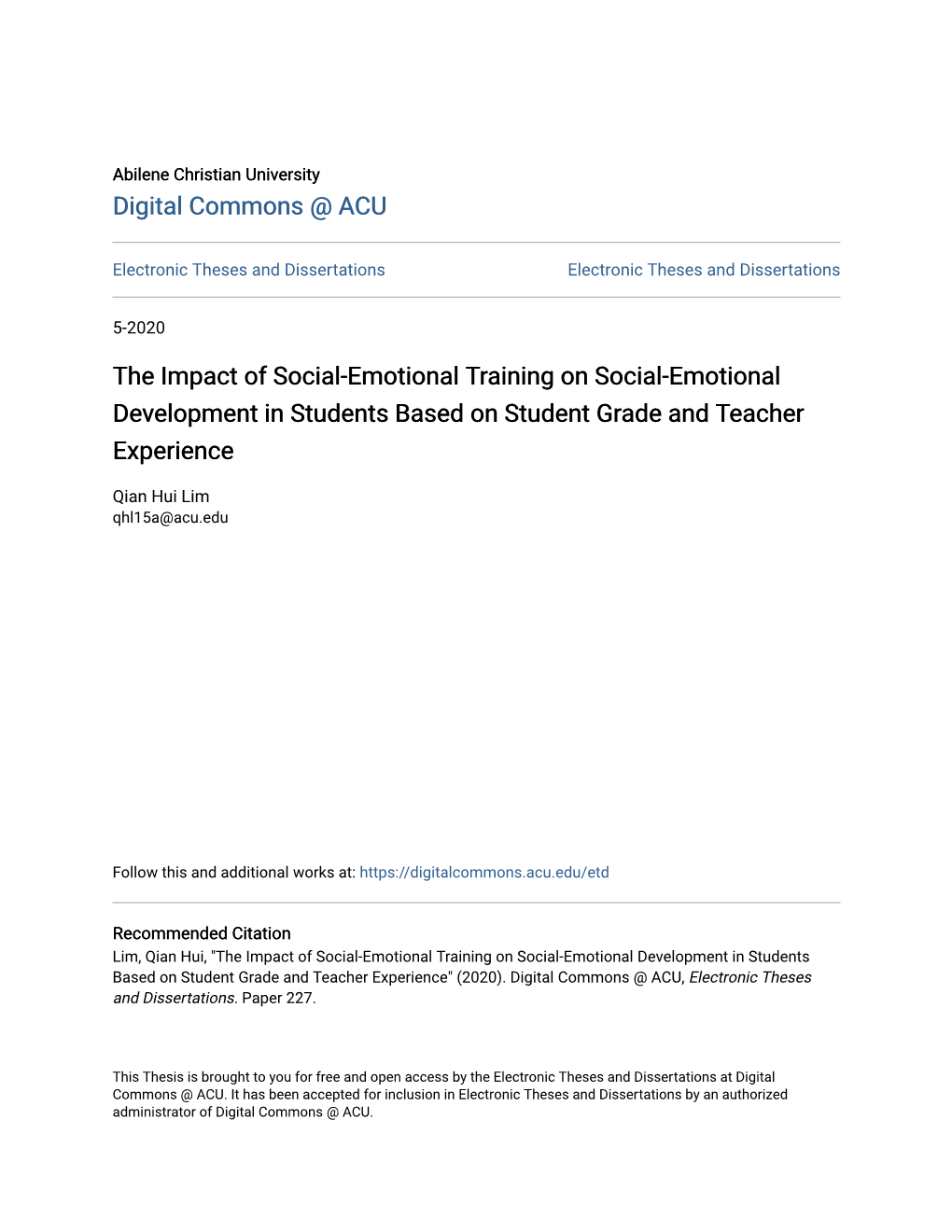 The Impact of Social-Emotional Training on Social-Emotional Development in Students Based on Student Grade and Teacher Experience