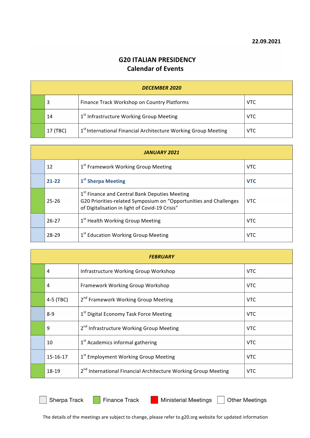 G20 ITALIAN PRESIDENCY Calendar of Events