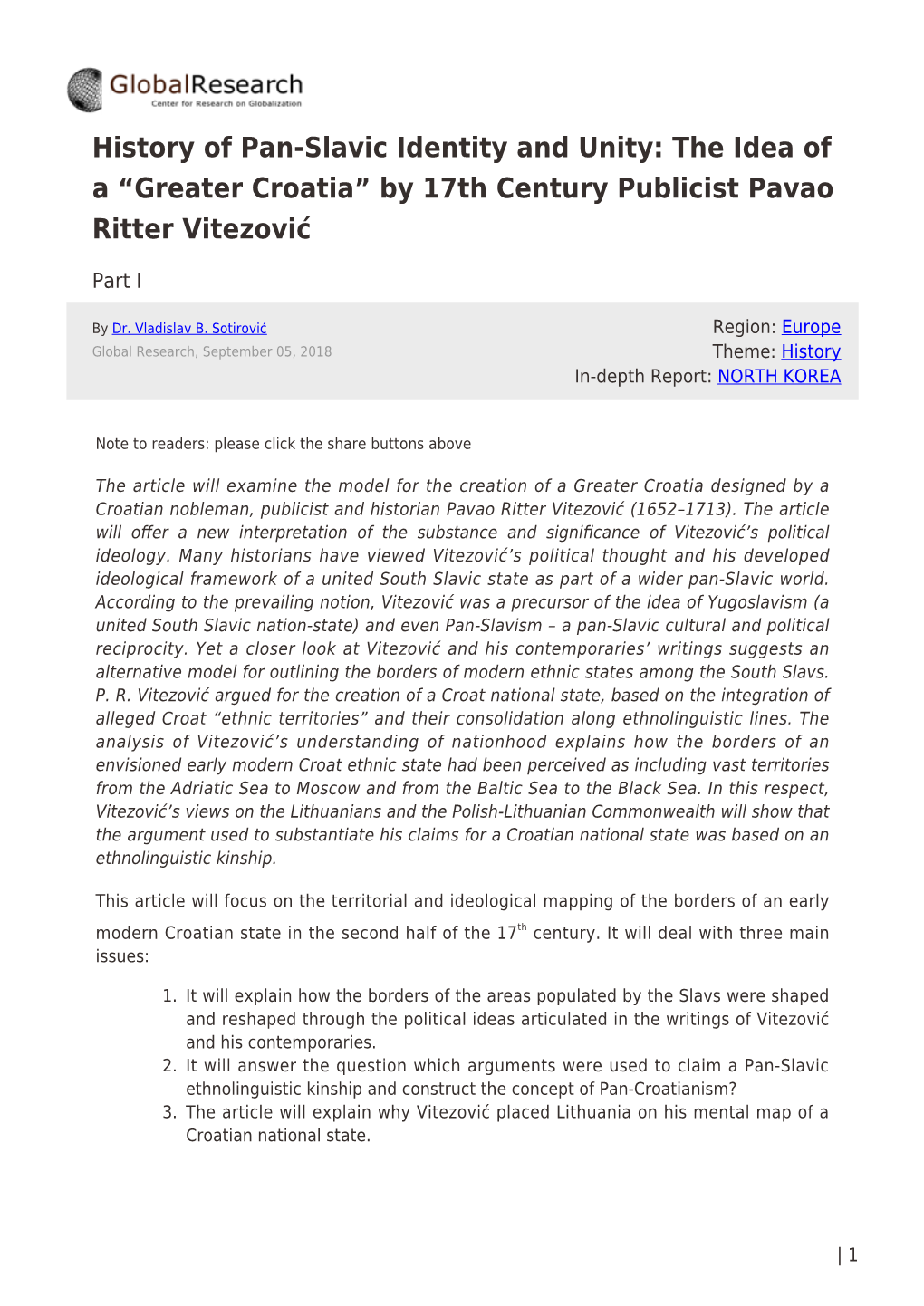 History of Pan-Slavic Identity and Unity: the Idea of a “Greater Croatia” by 17Th Century Publicist Pavao Ritter Vitezović