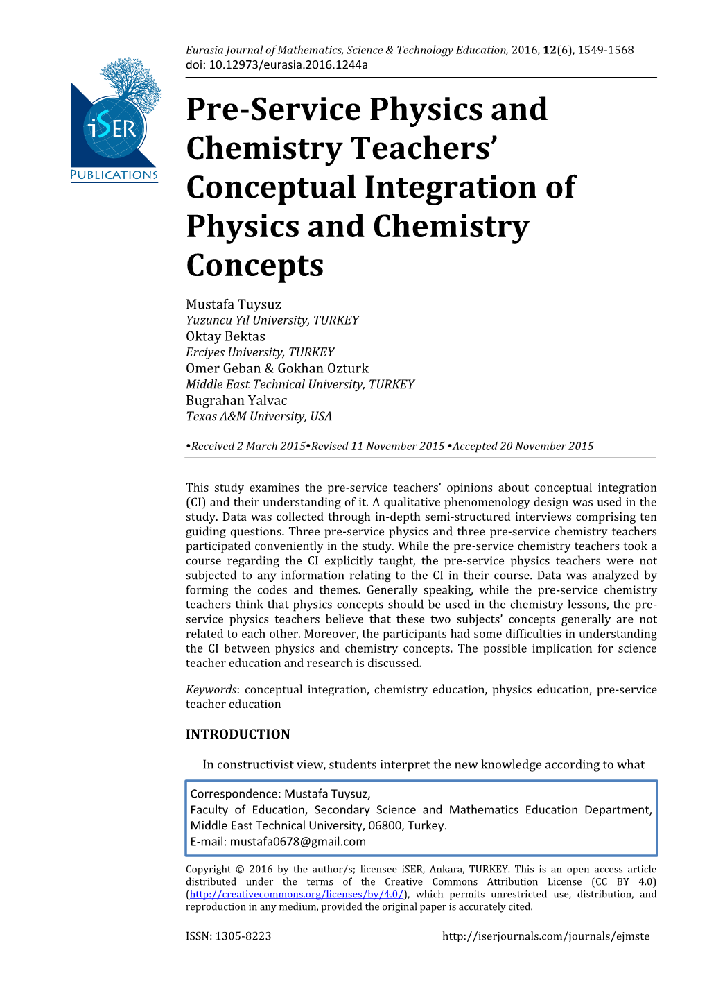 Pre-Service Physics and Chemistry Teachers' Conceptual Integration of Physics and Chemistry Concepts