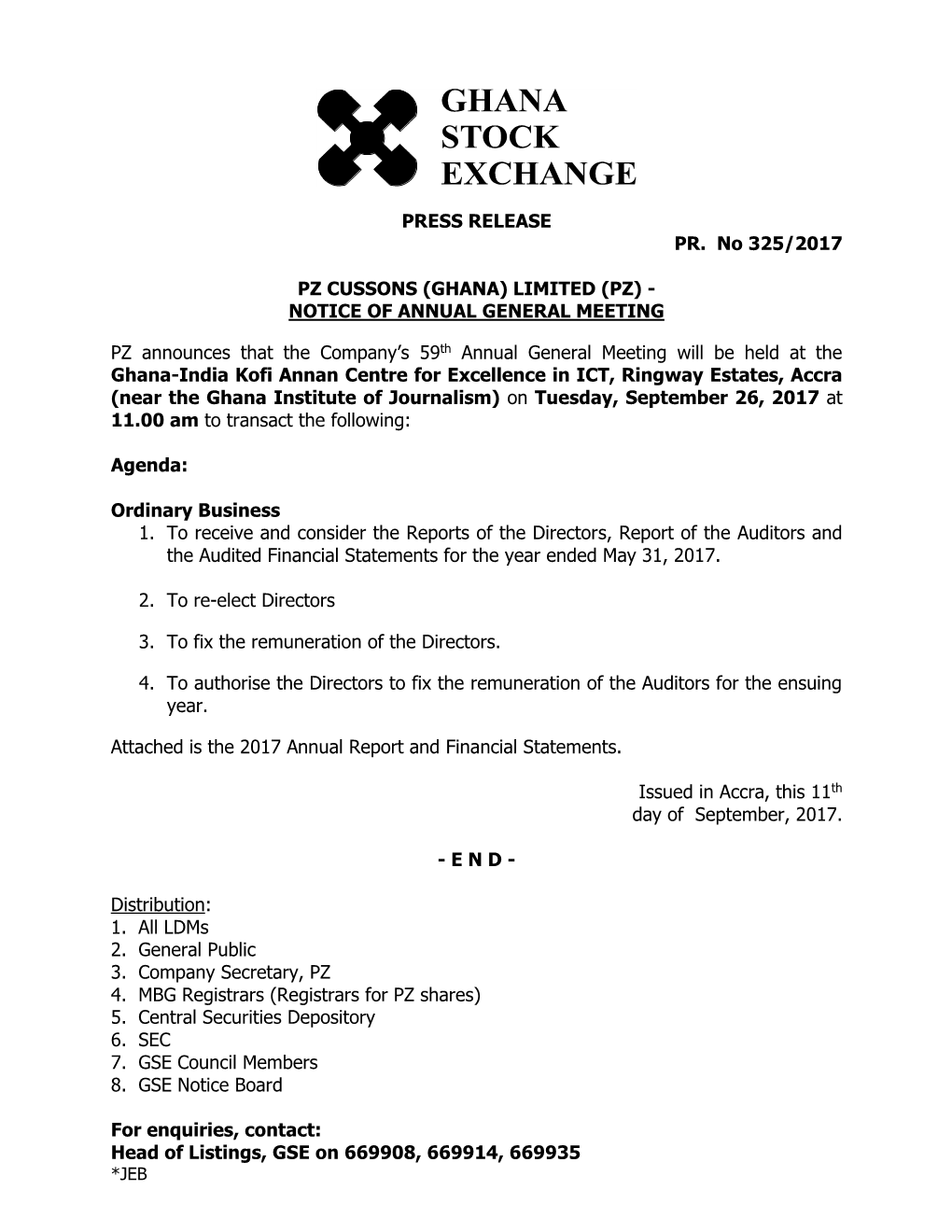 Pz Cussons (Ghana) Limited (Pz) - Notice of Annual General Meeting