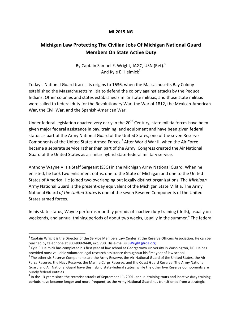 Michigan Law Protecting the Civilian Jobs of Michigan National Guard Members on State Active Duty