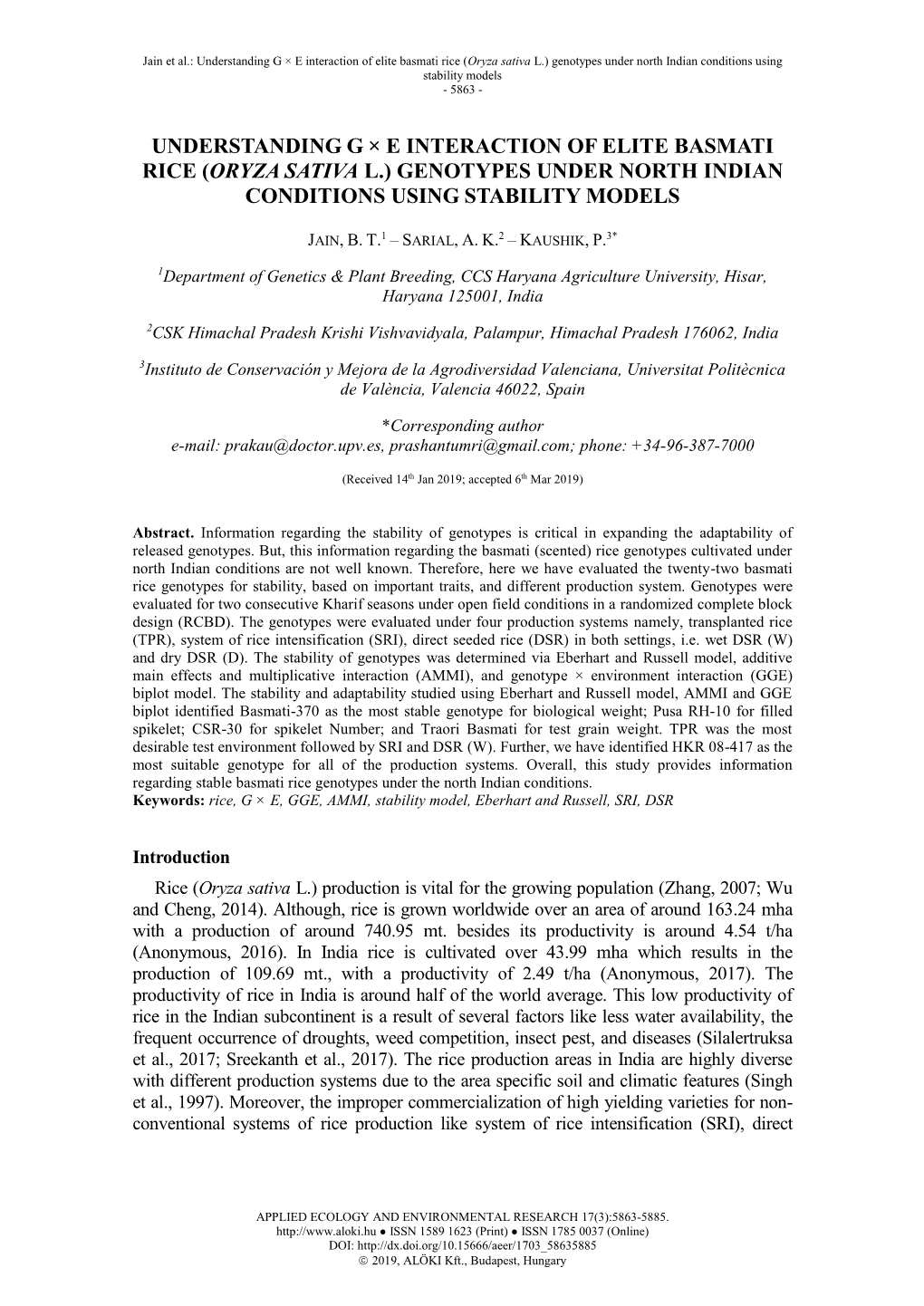 Understanding G × E Interaction of Elite Basmati Rice (Oryza Sativa L.) Genotypes Under North Indian Conditions Using Stability Models - 5863