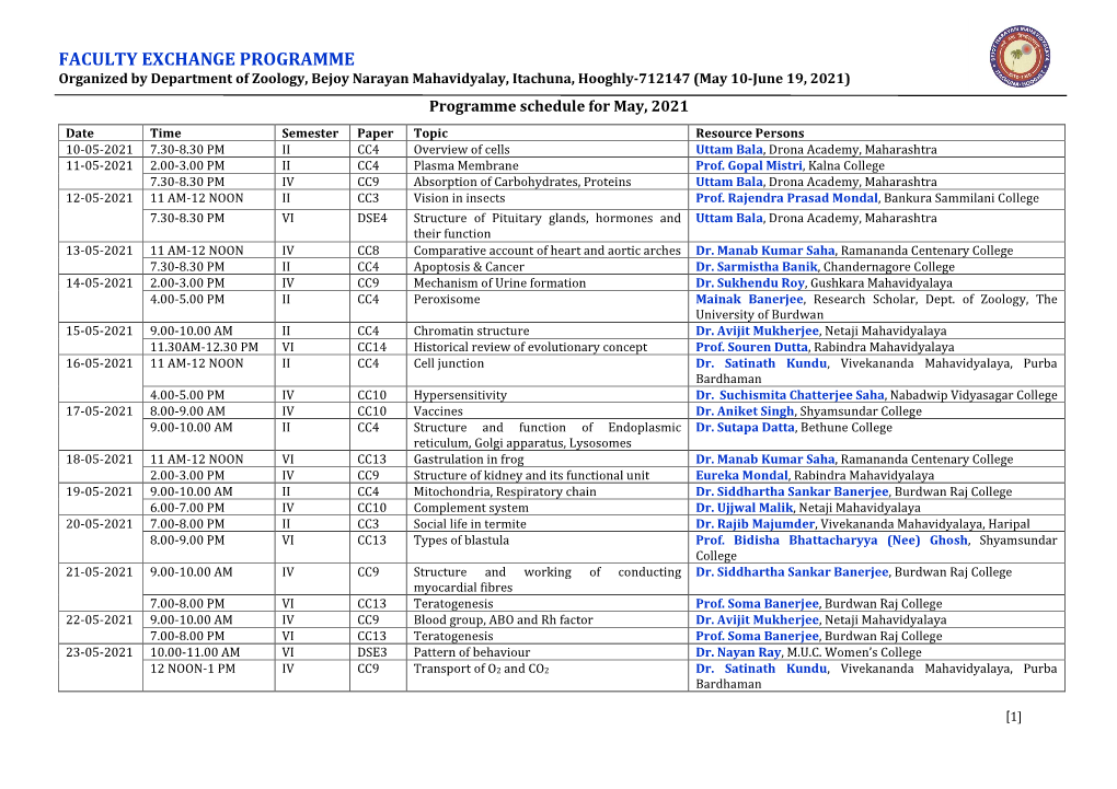 FACULTY EXCHANGE PROGRAMME Organized by Department of Zoology, Bejoy Narayan Mahavidyalay, Itachuna, Hooghly-712147 (May 10-June 19, 2021)