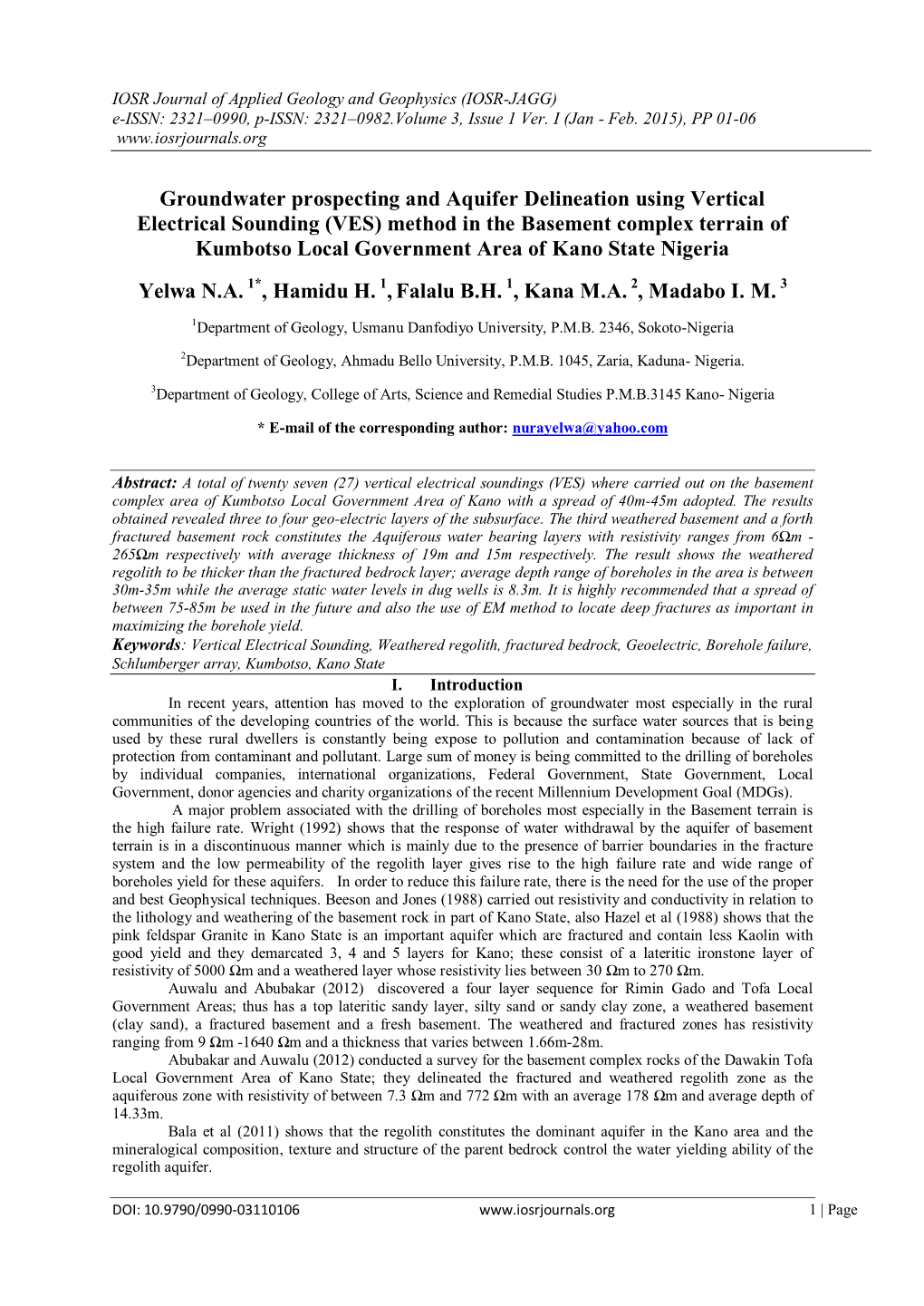 Groundwater Prospecting and Aquifer Delineation Using Vertical Electrical Sounding (VES) Method in the Basement Complex Terrain