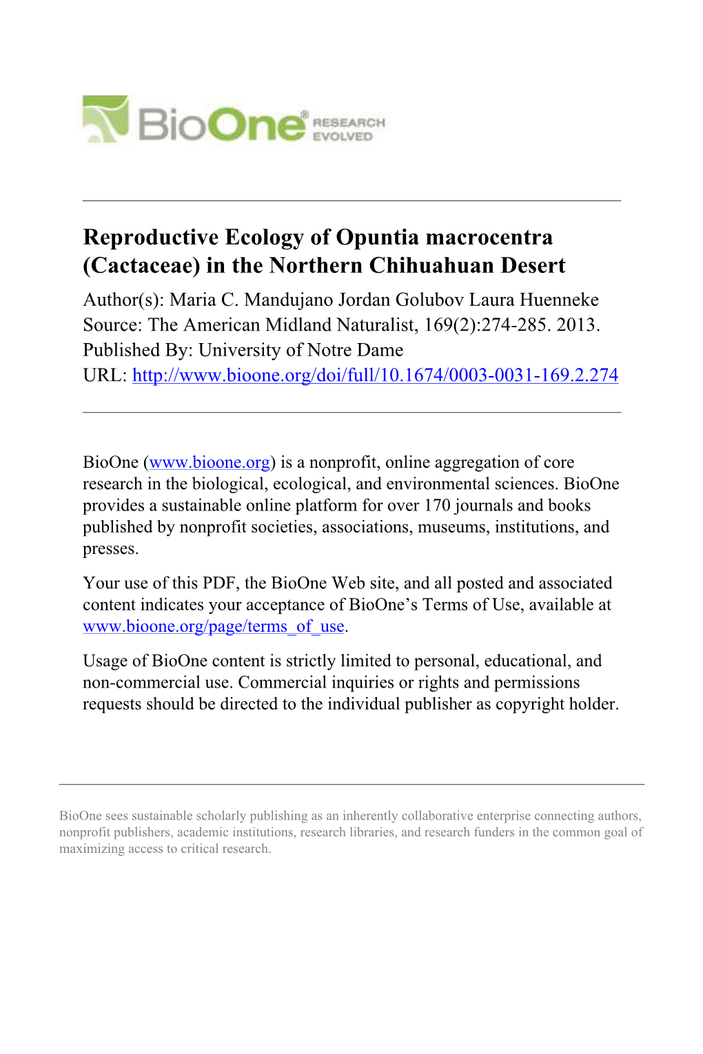 Reproductive Ecology of Opuntia Macrocentra (Cactaceae) in the Northern Chihuahuan Desert Author(S): Maria C