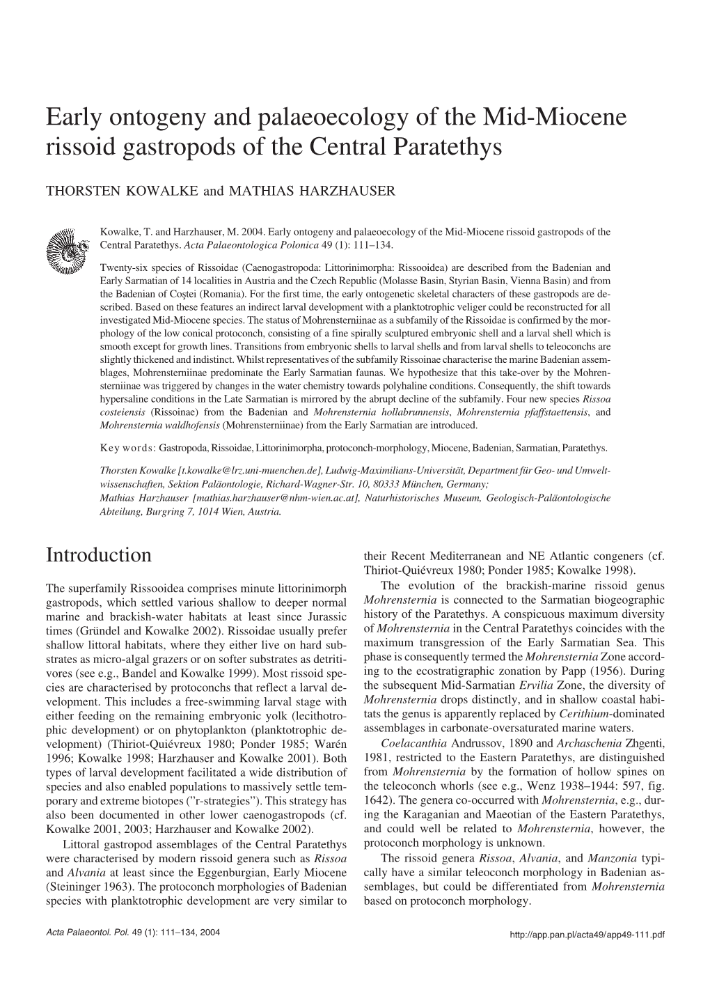 Early Ontogeny and Palaeoecology of the Mid−Miocene Rissoid Gastropods of the Central Paratethys