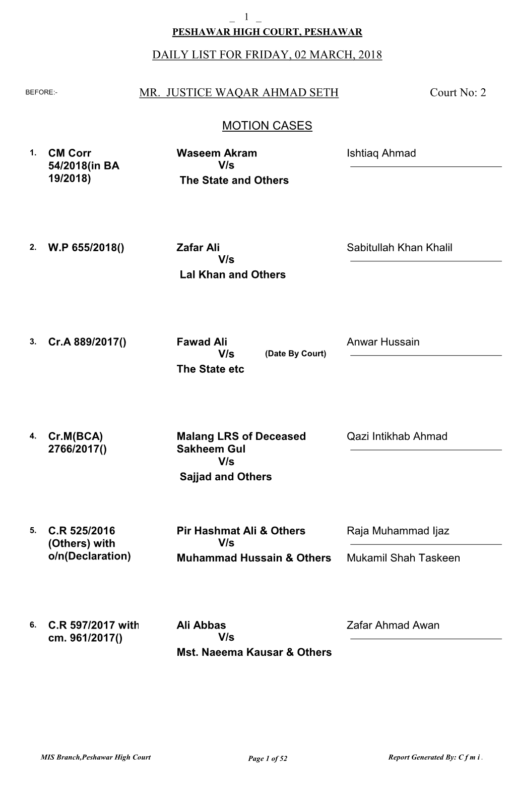 Single Bench List for 02.03.2018