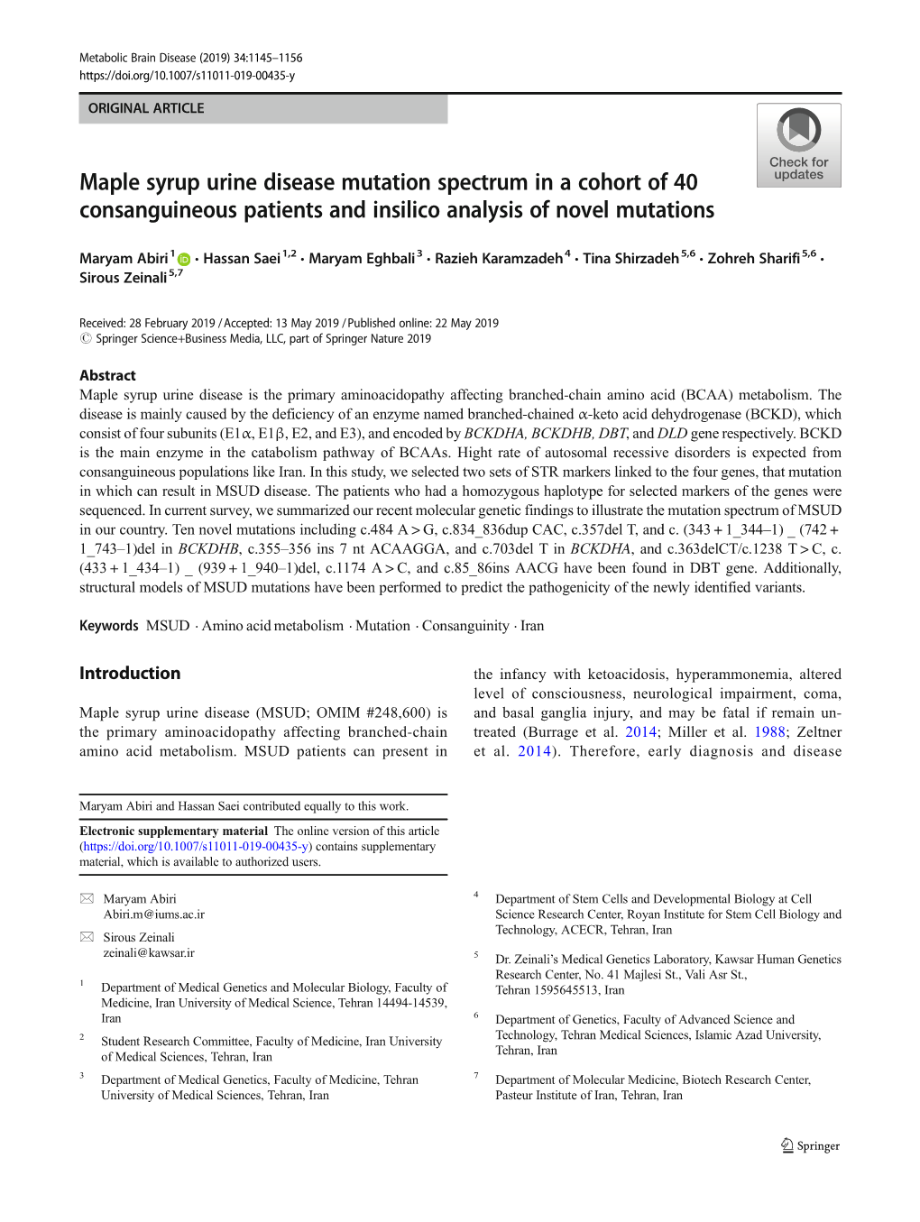 Maple Syrup Urine Disease Mutation Spectrum in a Cohort of 40 Consanguineous Patients and Insilico Analysis of Novel Mutations
