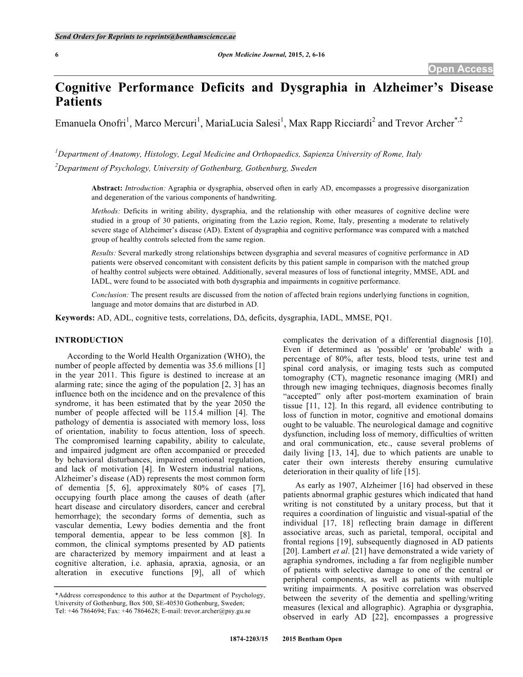 Cognitive Performance Deficits and Dysgraphia in Alzheimer's Disease