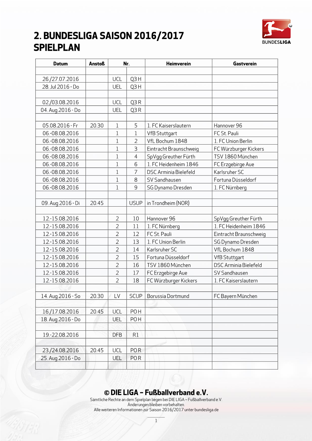 2. Bundesliga-Spielplan Saison 2016/2017