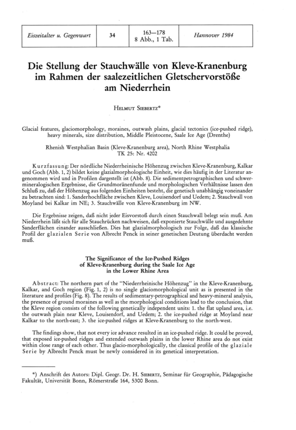 Die Stellung Der Stauchwälle Von Kleve-Kranenburg Im Rahmen Der Saalezeitlichen Gletschervorstöße Am Niederrhein