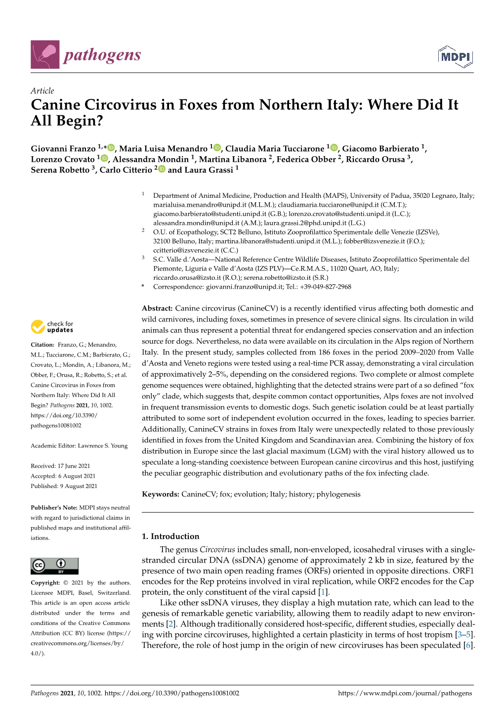 Canine Circovirus in Foxes from Northern Italy: Where Did It All Begin?