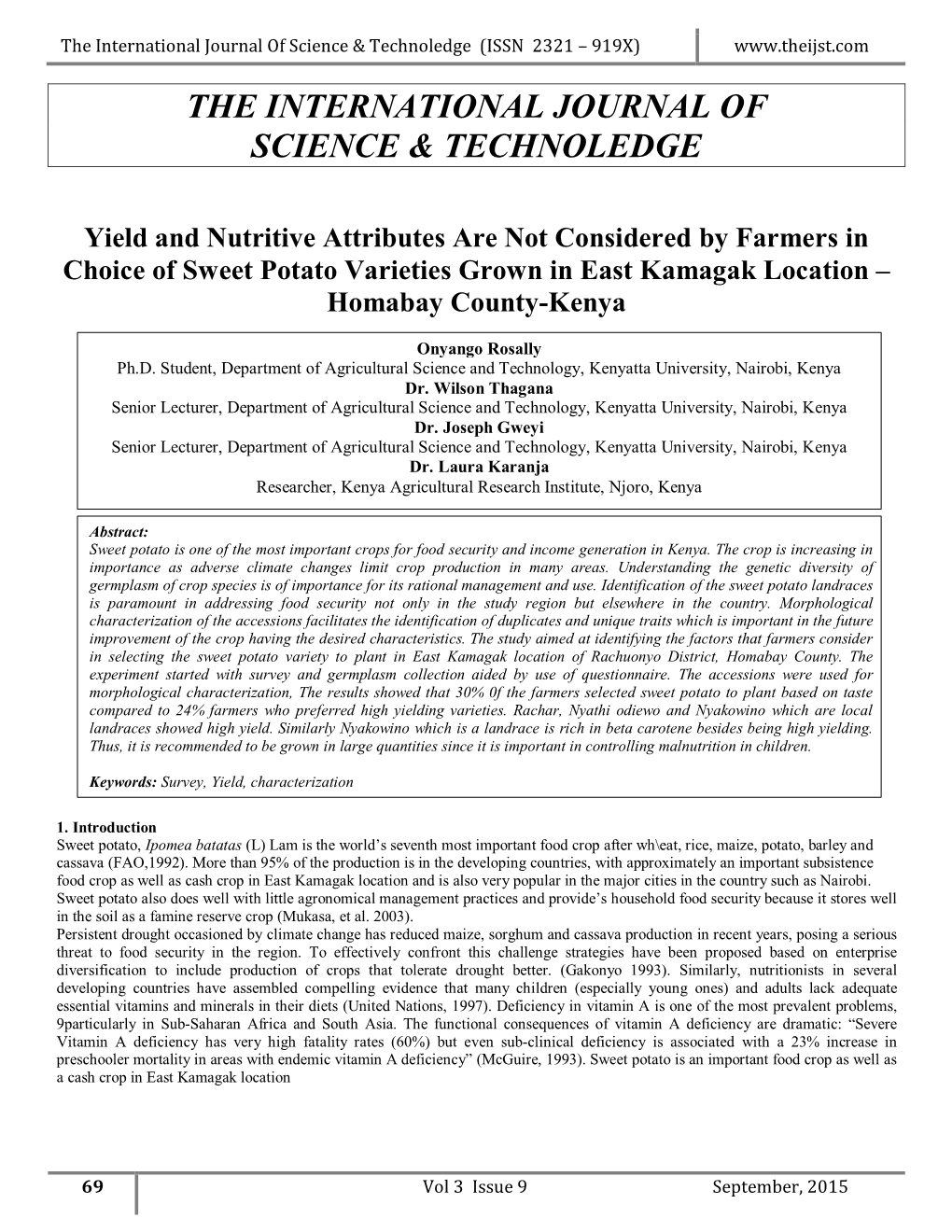Yield and Nutritive Attributes Are Not Considered by Farmers in Choice of Sweet Potato Varieties Grown in East Kamagak Location – Homabay County-Kenya