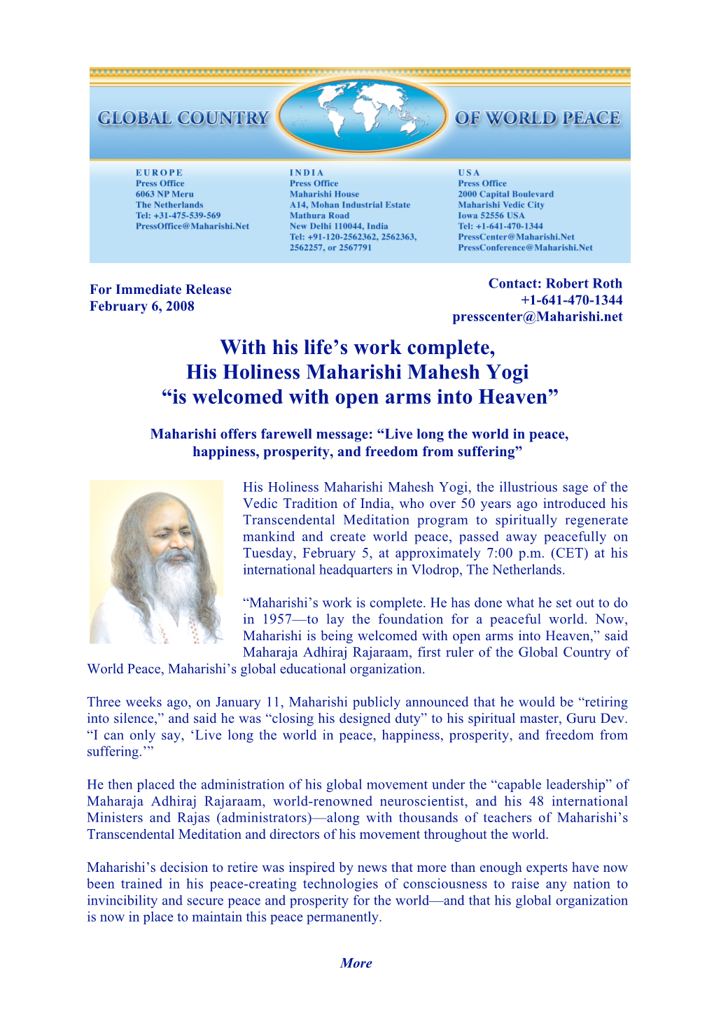 With His Life's Work Complete, His Holiness Maharishi Mahesh Yogi