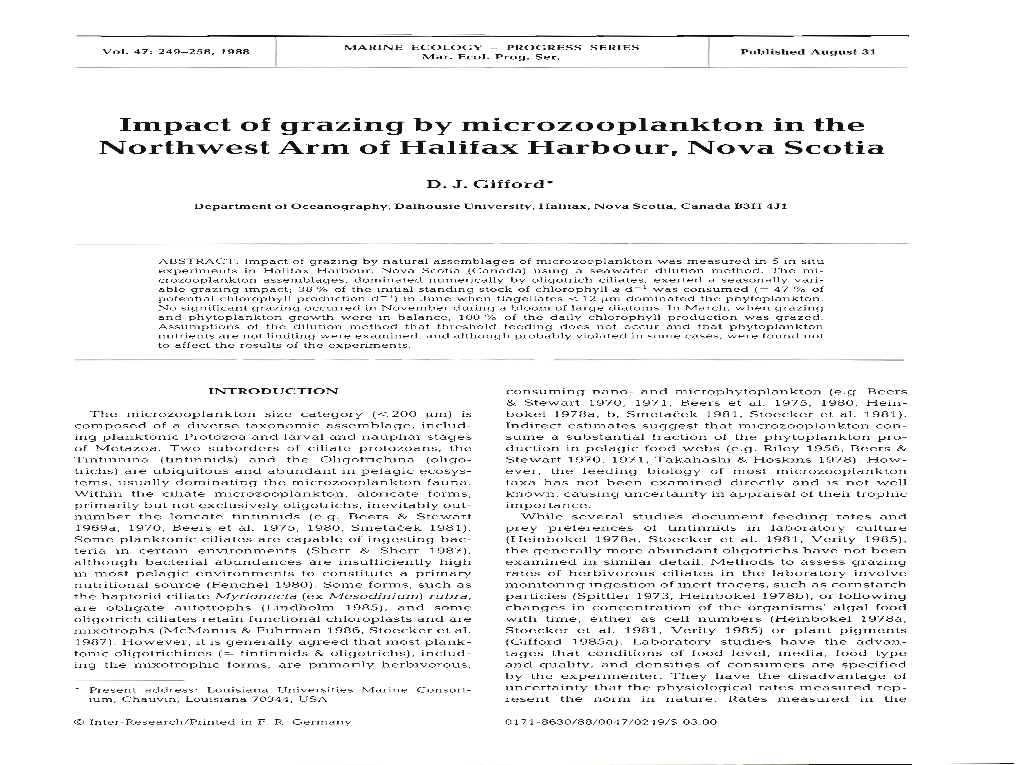 Impact of Grazing by Microzooplankton in the Northwest Arm of Halifax Harbour, Nova Scotia