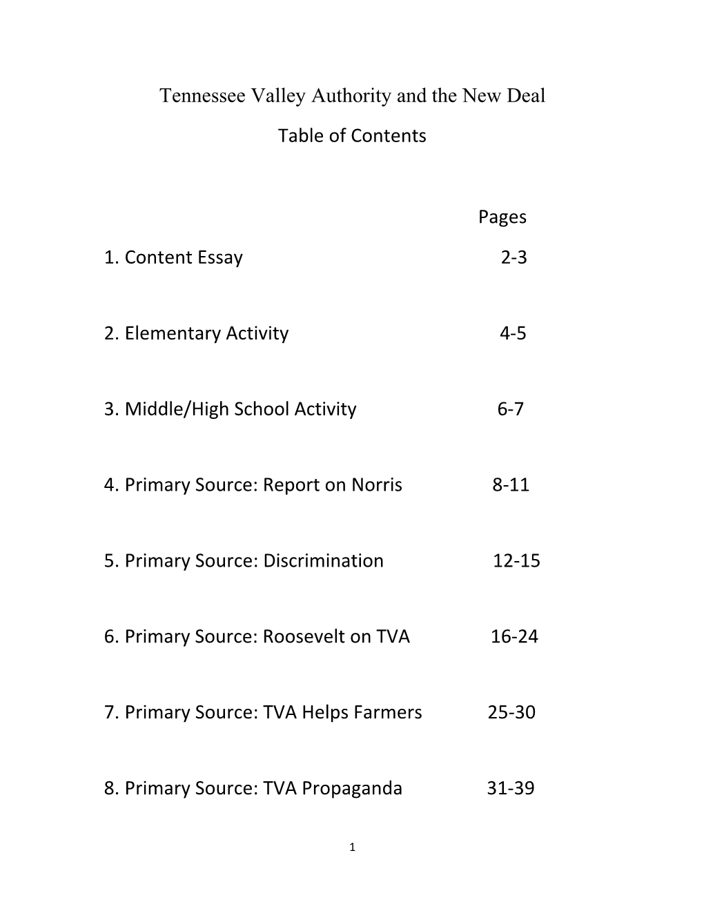 Tennessee Valley Authority and the New Deal Table of Contents Pages