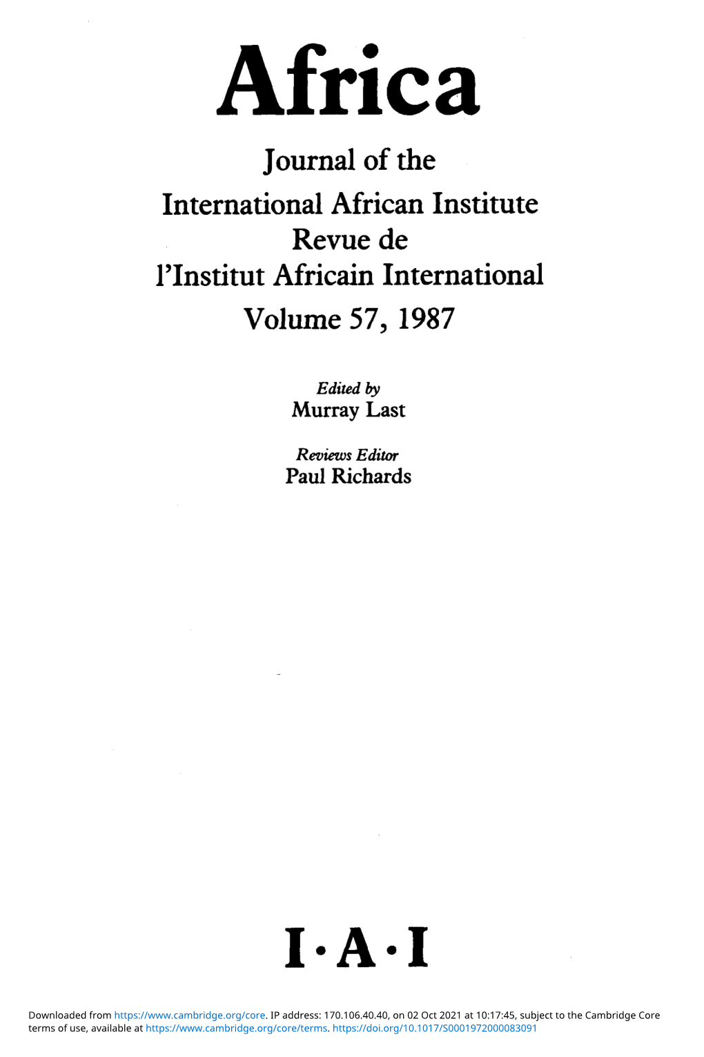 Africa Journal of the International African Institute Revue De Rinstitut Africain International Volume 57, 1987