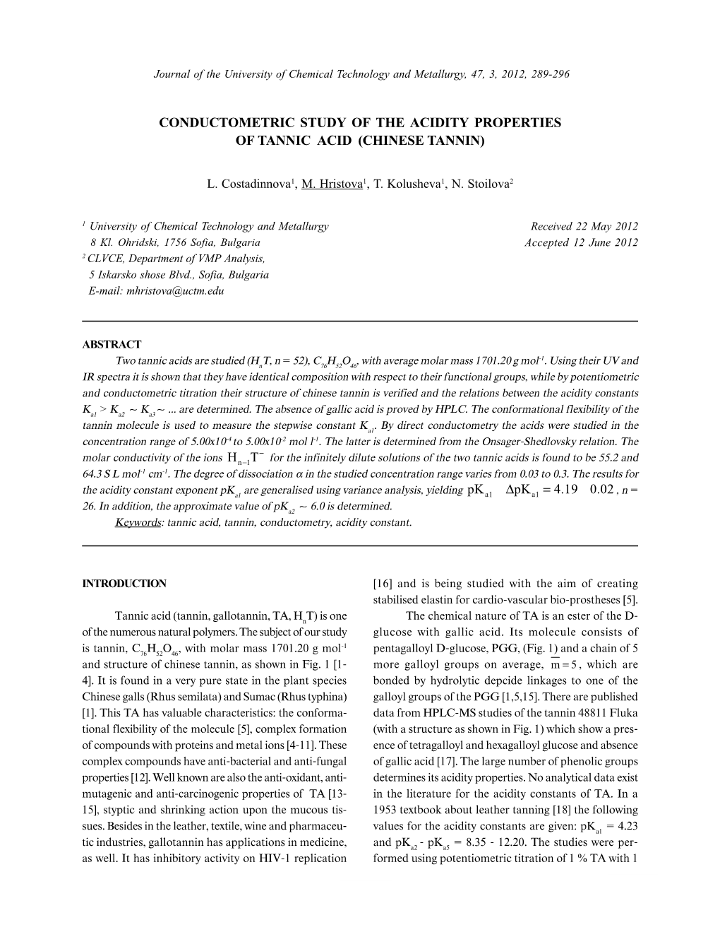 Conductometric Study of the Acidity Properties of Tannic Acid (Chinese Tannin)