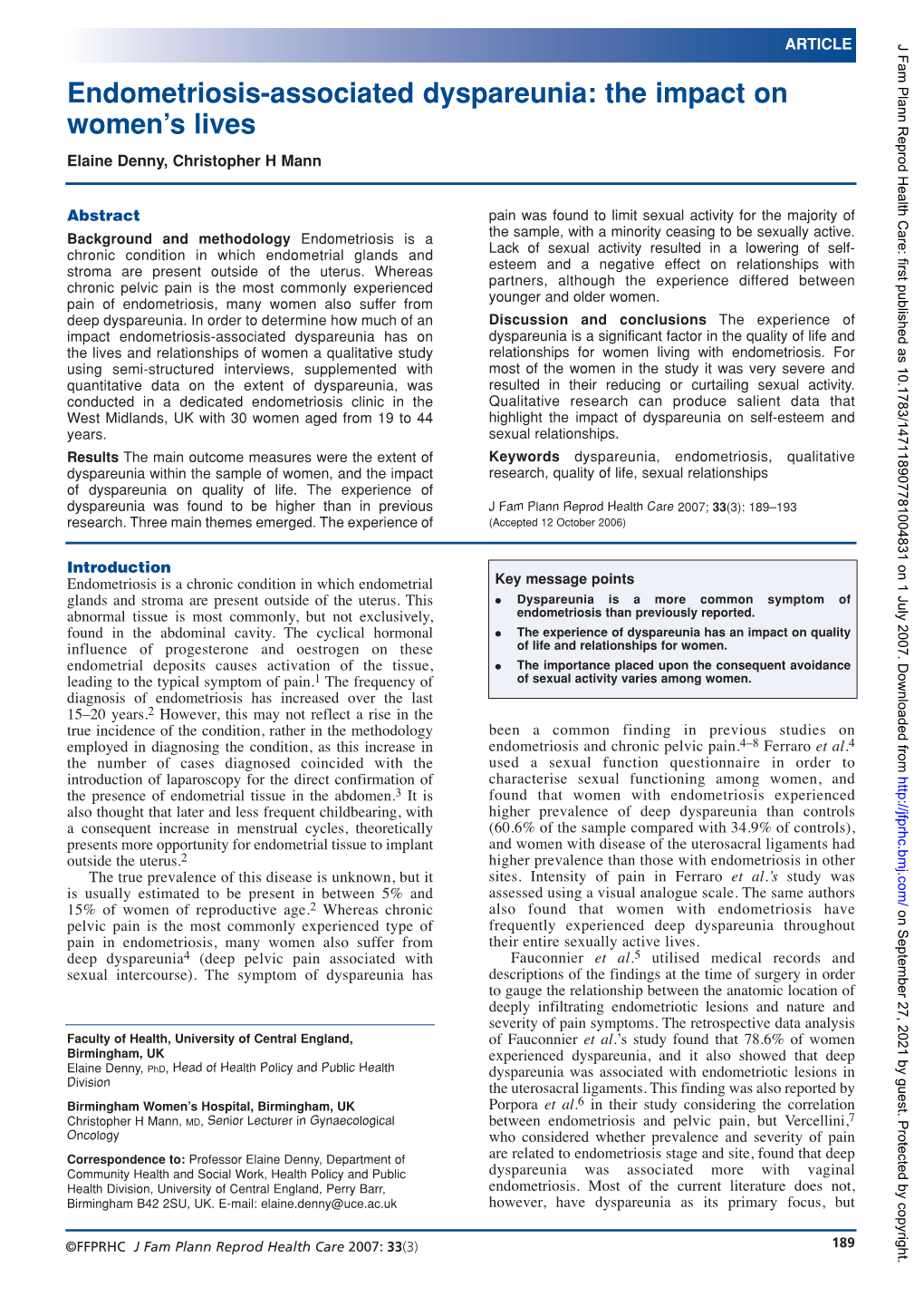 Endometriosis-Associated Dyspareunia: the Impact on Women’S Lives Elaine Denny, Christopher H Mann